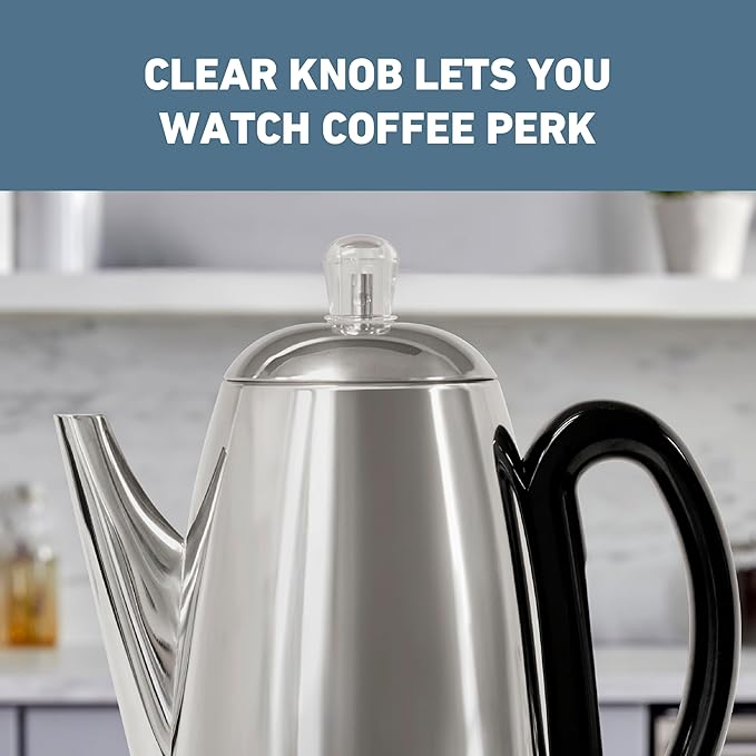 West Bend Electric Percolator Classic Style Coffee Maker with Heat Resistant Handle Base and Detachable Cord with Stainless Steel Stem and Basket, 12-Cup, Silver