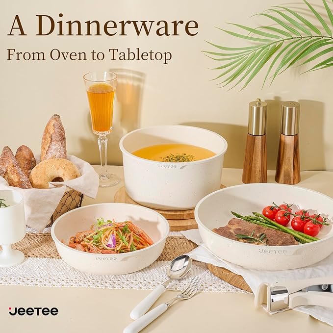 JEETEE Pots and Pans Set Non Stick 19pcs, Kitchen Cookware Sets with Detachable Handle, Induction Nonstick Cookware Set with Removable Handle, Stackable RV Cookware, Oven Safe, PFOA Free, Beige