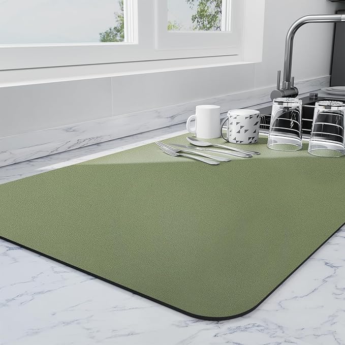 Ecotrim - Dish Drying Mat for Kitchen Counter | Coffee Bar Mat for Countertops | Heat Resistant Drainer Mat with Non-slip Rubber Backed | Hide Stain Kitchen Absorbent Draining Mat | Green 16"x18"