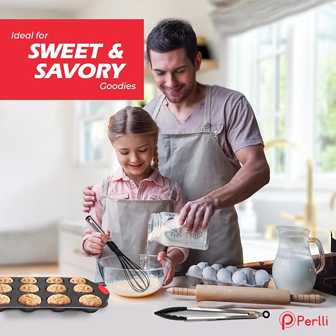 PERLLI Non-Stick 17-Piece Baking Pan Set, BPA-Free Carbon Steel Bakeware Set with Silicone Handles, Stackable Kitchen Oven Set, Cookie Sheet, Baking Tray, Baking Sheet Set, Utensils, Oven Safe (446°F)