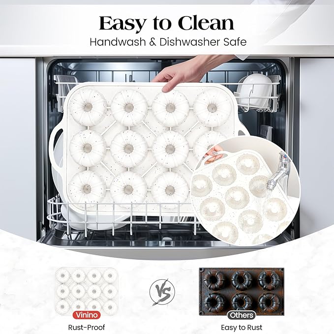 Vinino Silicone Mini Fluted Tube Cake Pans with Metal Reinforced Frame, 12-Cavity Mini Flan Molds, Non-stick Cupcakes Pans for Baking, Donuts, Muffins, Cornbread, Brownies, Jellies