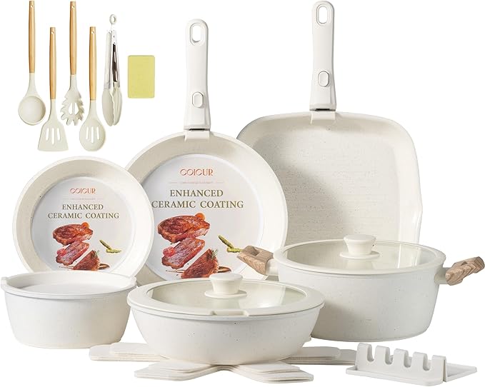 Ceramic Cookware Set Non Stick 23Pcs Pots and Pans Set Non Toxic with Detachable Handle Induction Kitchen Cookware Set Space Saving, Oven & Dishwasher Safe, Cream