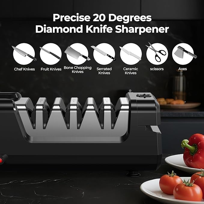Electric Knife Sharpener, Precise 20° Diamond Knife Sharpener for Kitchen Knives, Quick Repairing in 40 Seconds, with Metal Dust Collection Box & Special Port for Scissors, Black