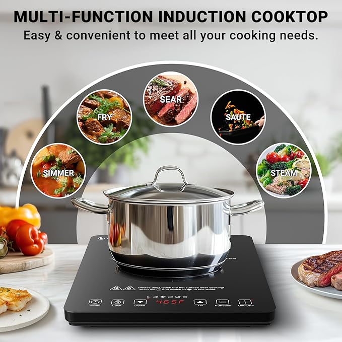 AMZCHEF Portable Induction Cooktop 20 Temperature & Power Levels, 1800W Induction Stove Burner with 6.8" Heating Coil, Low Noise Hot Plate Single Electric Cooktops Countertop Stove with Timer