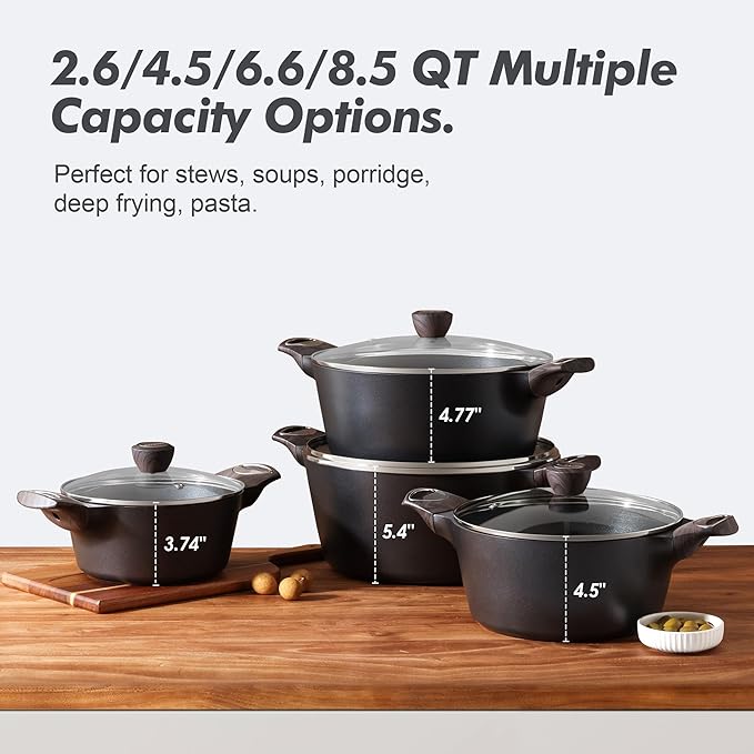 SENSARTE Nonstick Stock Pot with Lid, 4.5+6.6 QT Soup Pot Set Casserole Pot, Healthy Pasta Pot, Large Deep Cooking Pot, Big Sauce Pot Stew Pot, Induction Compatible, PFOA PFOS APEO Free, Black