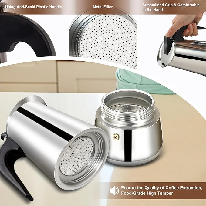 2 Cup Stovetop Espresso Maker Stainless Steel Moka Pot Stove Top Percolator Italian Coffee Makers Capable Mocha Greca Machine Cafe Classic Induction Cookers for Home and Camping 100ml 3.3oz
