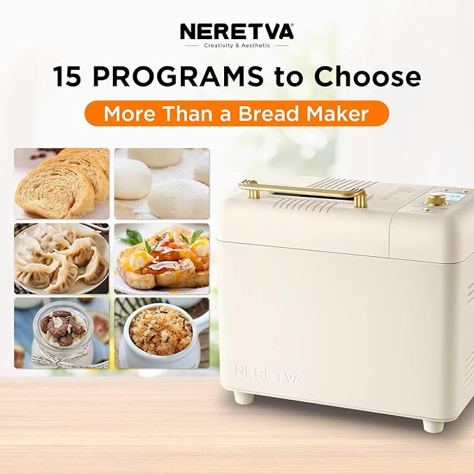 Neretva Bread Machine, 2.2LB 15-in-1 Bread Maker, Dual Heater Breadmaker Machine with Auto Nut Dispenser & Nonstick Ceramic Pan, Bread Maker Machine for Gluten Free, Dough Maker, Sourdough, Yogurt