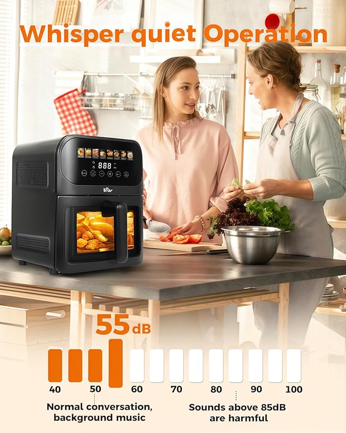 Bear Air Fryer, Stainless Steel Airfryer 8 Presets for Fast Family Meals, 6.4Qt Large Visible Window Temp Timer Adjustable Roast Bake Crisp French Fries Steak, Non Stick Basket Dishwasher Safe