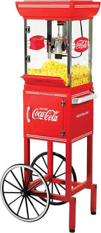 Nostalgia Coca-Cola Popcorn Maker - 48-Inch Vintage Movie Theater Style Cart with 2.5 Oz Kettle, 10 Cup Capacity, Lighted Interior, Storage Compartment, and Wheels - Red
