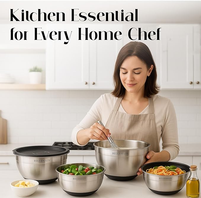 Bellemain Mixing Bowls with Lids Set - Stainless Steel Mixing Bowls with Airtight Lids - Food Storage Containers - 3PCS Set with Non-Slip Bottoms Kitchen Essentials for Baking - Serving