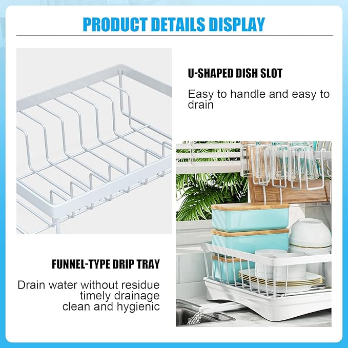 7 code Large Dish Drying Rack, 2-Tier Dish Racks for Kitchen Counter, Detachable Large Capacity Dish Drainer Organizer with Utensil Holder, Dish Drying Rack with Drain Board, White