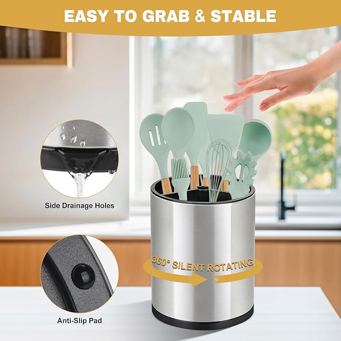2Pack Kitchen Utensil Holder Set - 360° Rotating Stainless Steel Large Cooking Utensil Stand for Counter, 3 Compartment Flatware Caddy with Removable Base for Knife, Fork & Spoon Organizer - Sliver