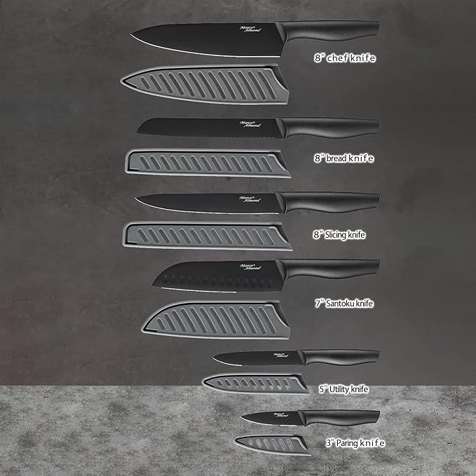 Kitchen Knife Set, KYA38 12-Piece Kitchen Knives Set with Covers, Marco Almond® 6 Knives with 6 Blade Guards, Stainless Steel Cooking Knives Set for Kitchen, Black