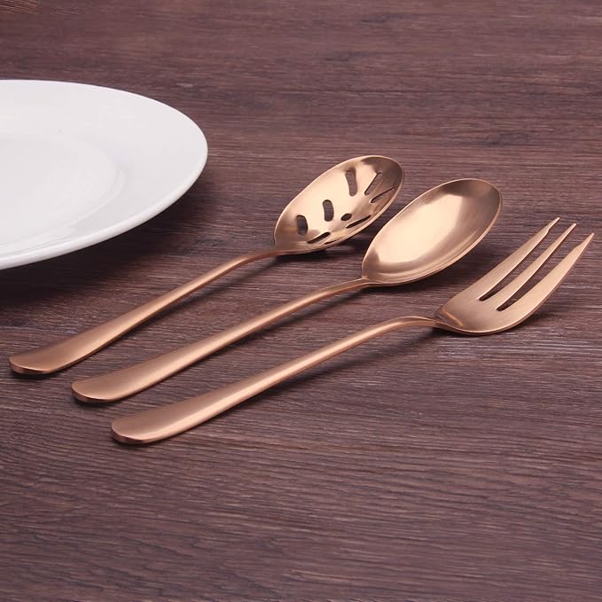 Matte Rose Gold Serving Set，SHARECOOK 5-Piece 18/0 Stainless Steel Large Hostess Set with Round Edge, Satin Finished, Dishwasher Safe -Spoons, Forks,Butter Knife& Slotted Spoon