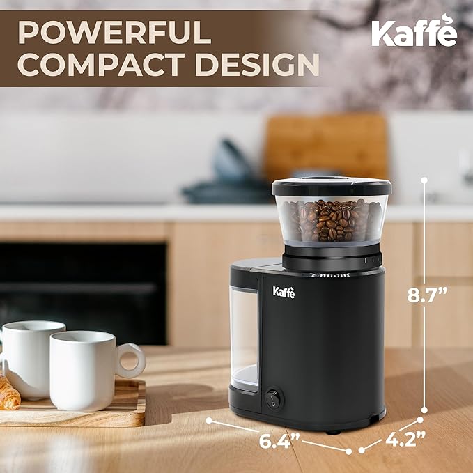 Kaffe Electric Burr Coffee Grinder (5.5oz) w/Adjustable Coarseness Settings - Flat Burr - [New Upgraded Motor ] - Precision Coffee Bean Grinder for Home Use - Black
