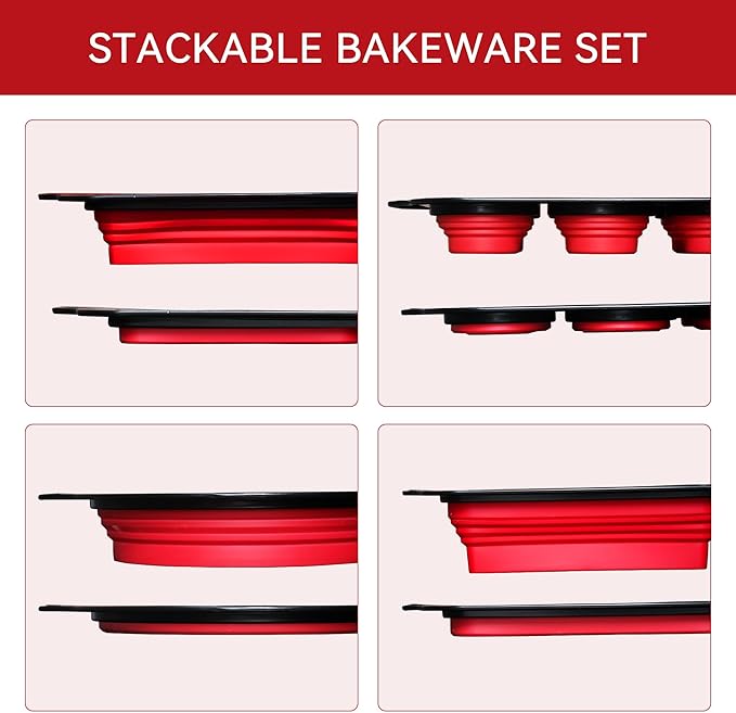 8 Piece Red Silicone Bakeware Sets, Nonstick Baking Pans, Silicone Baking Sheet Set with Press to Release Design, Oven Mitts, Spatula & Brush Flexible, Stackable, BPA Free, Dishwasher & Oven Safe