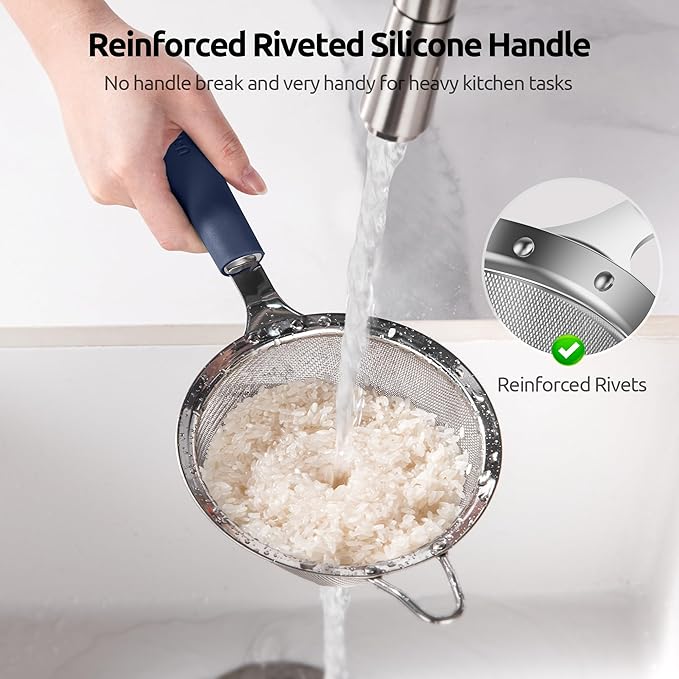 U-Taste Medium Fine Mesh Strainer: 18/8 Stainless Steel 4.73in 30 Mesh Kitchen Food Sieve with Sturdy Riveted Silicone Handle, Heavy Duty Deep Handheld Metal Colander for Rice, Quinoa(Midnight Blue)