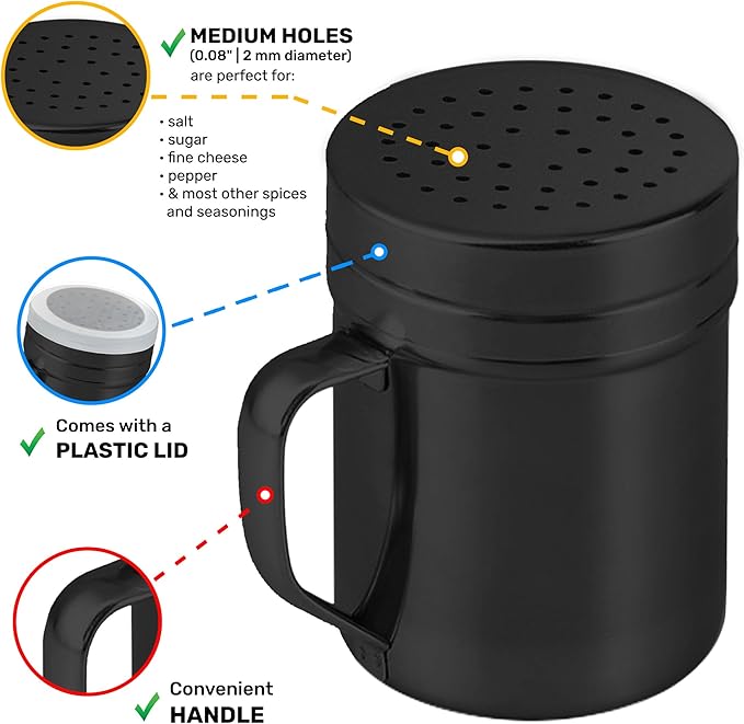 CUSINIUM 10oz Black Stainless Steel Salt Pepper Dredge Shakers - With Plastic Cap - With Handle - Pack of 2