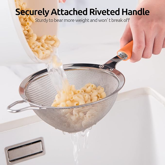 18/8 Stainless Steel Mesh Strainer: U-Taste 5.5 Inch Kitchen Fine Mesh Sieve Food Colander with Riveted Sturdy Silicone Handle and 30 Mesh Hole for Straining Flour, Pasta, Fruit, Quinoa (Orange)