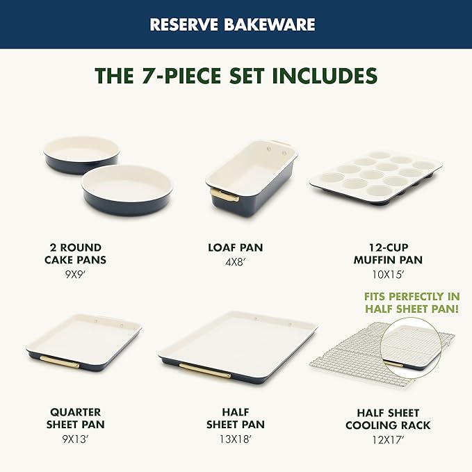 GreenPan Bakeware Set, 7 Piece Nonstick Ceramic Gold Handle Baking Sheets, Cake Pans, Loaf Pan, Muffin Tin, Cooling Rack, PFAS & BPA Free, Freezer to Oven Dish, Bake & Roast Ovenware, Oxford Blue