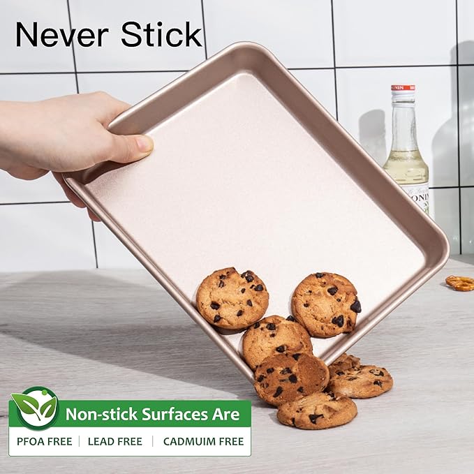 HONGBAKE Toaster Oven Pan Nonstick Set of 2, Premium 1/8 Sheet Pan for Baking, Small Cookie Sheet Tray, Dishwasher Safe and Heavy Duty - Rose Gold