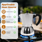 No Coating 6 Cup Aluminum and Stainless Steel Moka Pot Stovetop Espresso Maker Italian Coffee Machine 350ml 11.84oz Suitable for Gas Induction Stovetop Greca Coffee Maker Percolator Silver