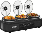 Triple Slow Cooker, 3×1.5 QT Buffet Servers and Warmers, 3 Pots Buffet Slow Cooker Adjustable Temp Lid Rests Stainless Steel Black