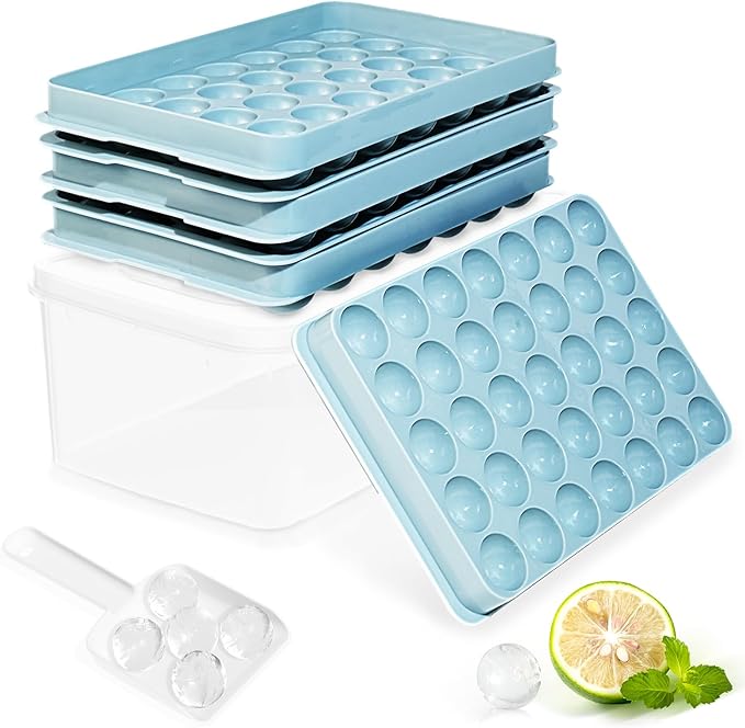 Ice Cube Trays with Lid and Bin, 1.0 IN Small Round Ice Cube Mold - 3 Pack(35 per Tray) Easy Release Stackable Ice Ball Maker Iced Bucket Kits, Circle Ice Tray for Cocktail, Whiskey & Drinks,BPA-Free