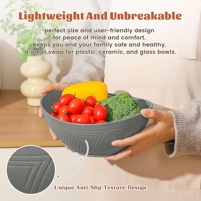 Homienly Wheat Straw Bowls, Large Salad Bowls Set of 6-60 OZ Serving Bowl for Kitchen, Camping, Party - Unbreakablke Microwave and Dishwasher Safe Big Cereal Bowl, Large Soup Bowl - Grey