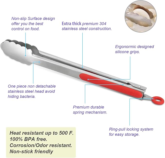 304 Stainless Steel Kitchen Cooking Tongs, 12" and 14" Set of 2 Sturdy Grilling Barbeque Brushed Locking Food Tongs with Ergonomic Grip, Red