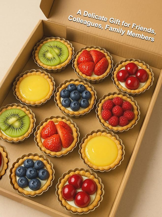 4 Inch Mini Quiche Pans Gold 6 Pack. Egg Tart Molds w/Removable Bottom, Non-Stick Coating, Rugged Carbon Steel for Small Tart Quiche Pie Making. Gift for Women Christmas Thanksgiving Festival