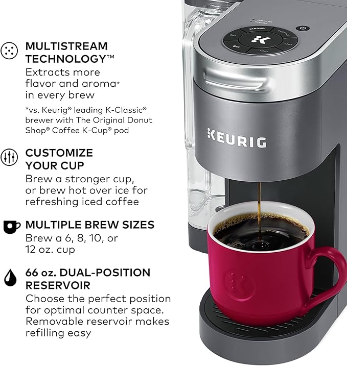 Keurig K-Supreme Single Serve K-Cup Pod Coffee Maker, MultiStream Technology, 4 Brew Sizes, 66oz Dual-Position Removable Reservoir, Gray
