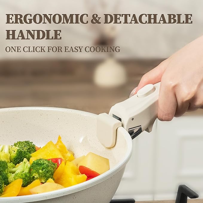 23Pcs Ceramic Cookware Set Non Stick Pots and Pans Set Non Toxic with Detachable Handle Induction Kitchen Cookware Set Space Saving, Oven & Dishwasher Safe, Cream White