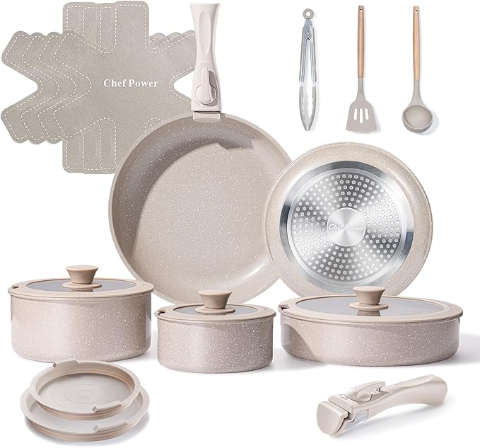 Chef Power Ceramic Nonstick Pots and Pans Set 19 Piece with Detachable Handle, Induction Dishwasher Oven Safe Cookware Set, RV Kitchen Set Removable Handle, Mocca Taupe