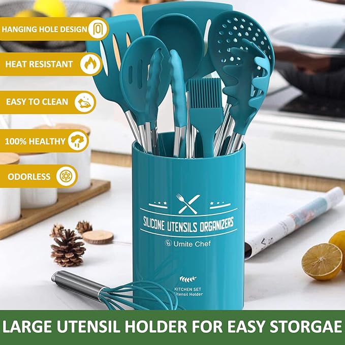 15 Pcs Silicone Cooking Utensils Kitchen Utensil Set - Umite Chef 446°F Heat Resistant Stainless Steel Handles Kitchen Gadgets Tools Set for Nonstick Cookware(Blue)