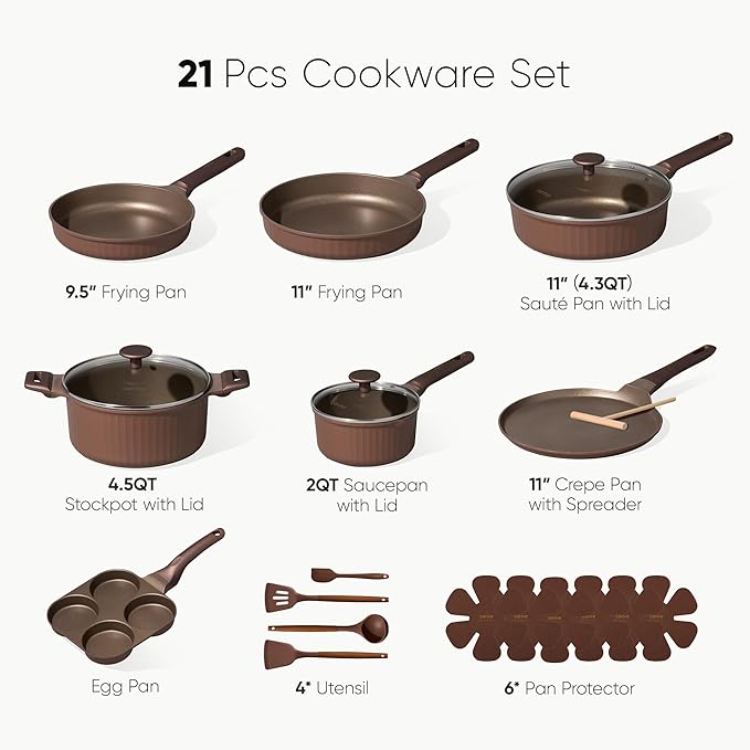 CAROTE Pots and Pans Set Non Stick, Cookware Sets Nonstick 21 pcs Kitchen Pot & Pan, Induction cookwasre Compatible with Crepe Frying Pan PFOA/PFOSFree