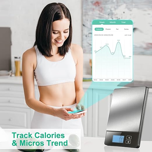 URAMAZ Smart Food Scales for Kitchen, Stainless Steel Digital Food Scale Grams and Ounces with Nutritional Calculator App, Food Weight Scale for Weight Loss, Calorie, Diet, Meal Prep 0.1oz / 11lb