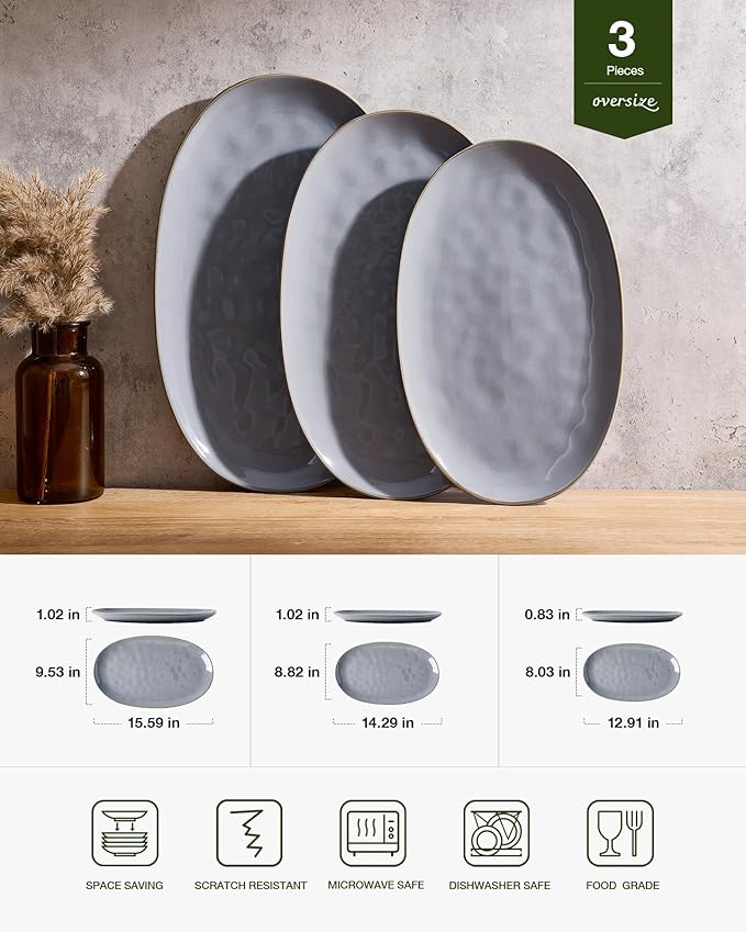 famiware Serving Platter, Oval 15.59/14.3/12.9 inch Serving Dishes for Entertaining, Serving Bowls, Microwave Safe, Fine Stonware Serving Trays for Party, Turkey, Cheese, Ocean Series, Dark Grey