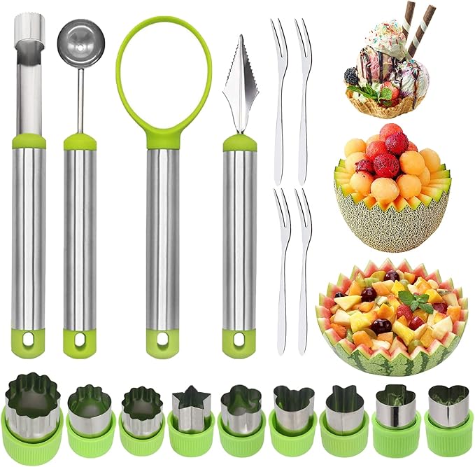17 Pack Melon Baller Scoop Set - 4 in 1 Stainless Steel Fruit Tool Set Fruit Scooper Seed Remover with Fruit Vegetable Cutter Shapes Set Fruit Peeler for Fruit Slicer Dig Pulp Separator (A)