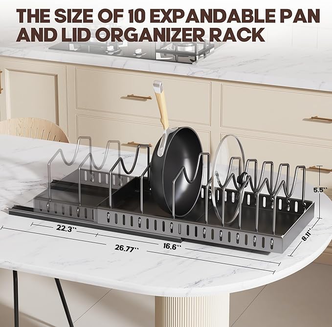 Pull Out Pots and Pans Organizer Under Cabinet, Expandable Sliding Lid Holder and Pan Rack for Kitchen, Slide Out inside Cabinet for Pot Lid, Bakeware, Dishes, 10 Adjustable Dividers, 1 Pack Black