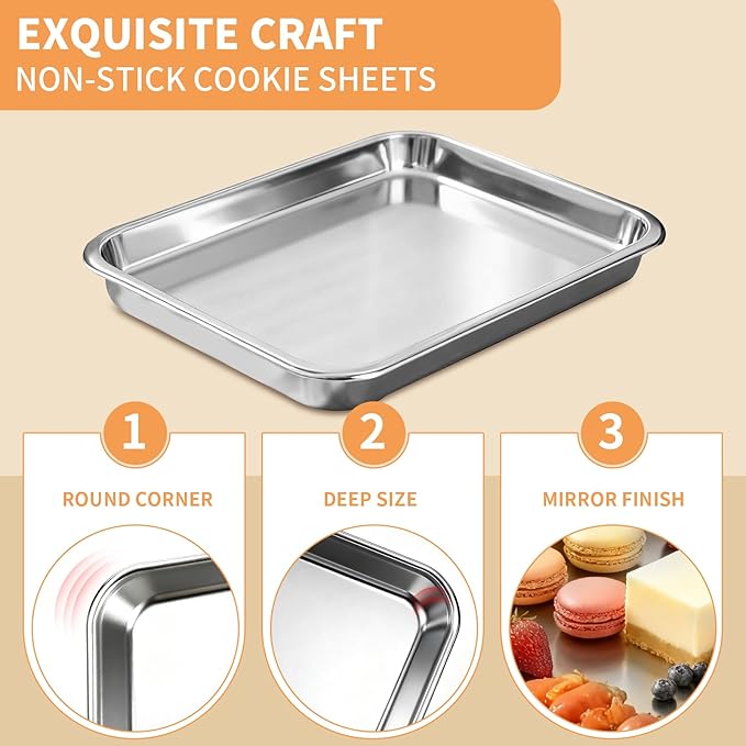 Baking Sheet Set of 3, Stainless Steel Cookie Sheets Baking Sheet Pan, 10.5/12.4/16 Inch, Thicker and Firmer Baking Pans Set, Non-stick, Non toxic & Heavy Duty & Easy Clean，Dishwasher Safe