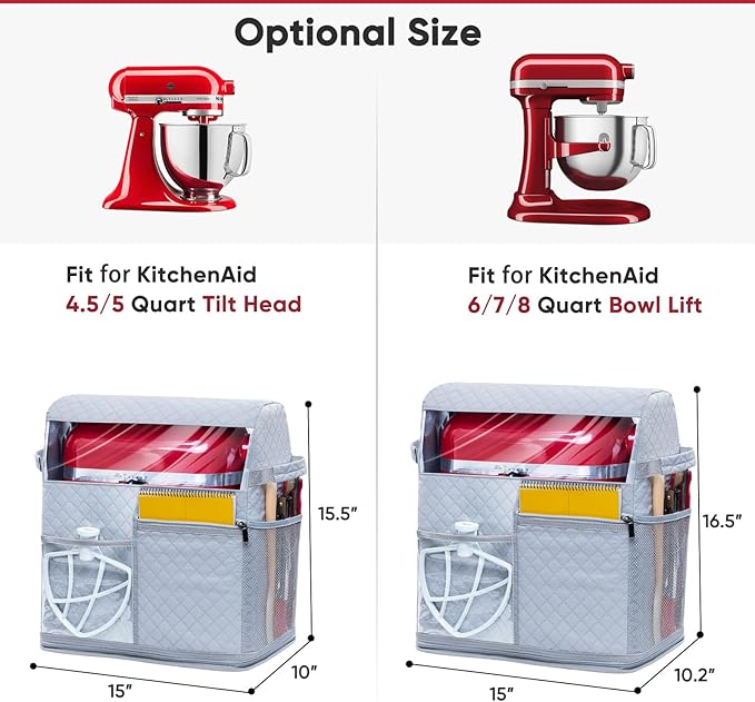 BAGSPRITE Stand Mixer Cover with Detachable Appliance Sliders Base Compatible with KitchenAid Mixer-Storage Bag for 4.5/5 Quart with Pockets for Kitchen Aid Accessories and Attachments