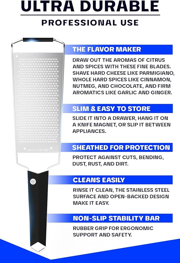 Dalstrong Professional Wide Cheese Grater - Fine - #304 Stainless Steel Blade - G10 Handle Kitchen Shredder - w/Blade Guard - Hard Cheese, Parmesan, Spices, Carrot, Garlic, Ginger - NSF Certified