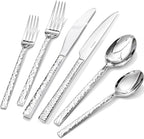 KINGSTONE 24 Piece Silverware Set with Steak Knives, Hammered Silverware Set for 4, 18/10 Stainless Steel Flatware, Cutlery Set for Home, Party, Wedding, Mirror Polished Dishwasher Safe