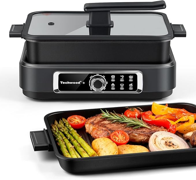 Slow Cooker, Techwood 7.5-Quart Multi-Cooker with 5-Level Heat Settings, Come with Non-stick Skillet Pan & Cooking Pot, Dishwasher Safe, Black