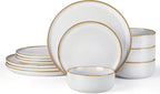 E-far Plates and Bowls Set for 4, 12-Piece Stoneware Dinnerware Sets, Ceramic Dinning Ware Reactive Glaze Dishes Set, Microwave & Dishwasher Safe - Seashell White