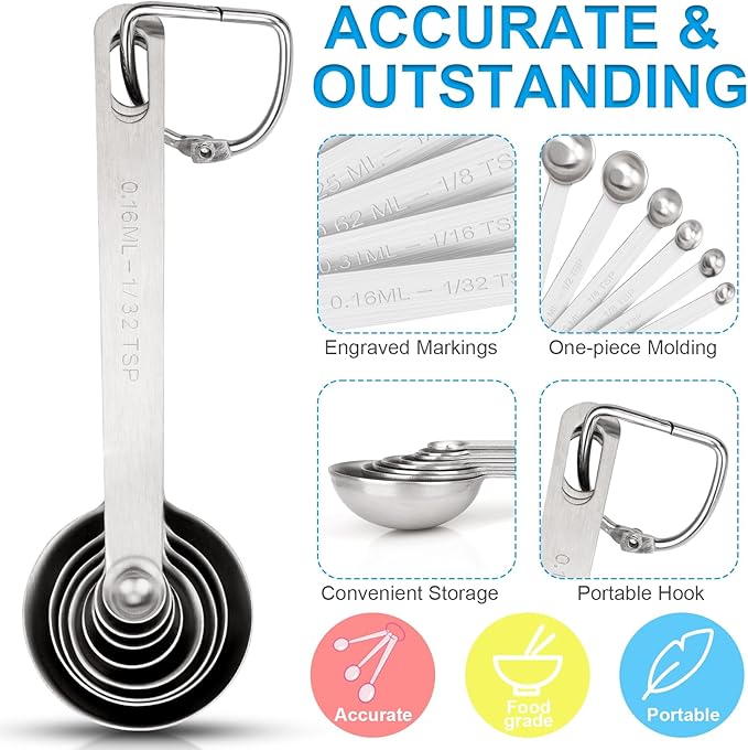 Upgrade 9 PCS Stainless Steel Measuring Spoons Set, Small Tablespoon, Teaspoons, Set 8 with Bonus Leveler for Dry and Liquid, Fits in Spice Jars, 1/32 1/16 1/8 1/4 1/2 1 tsp, 1/2 1 tbsp