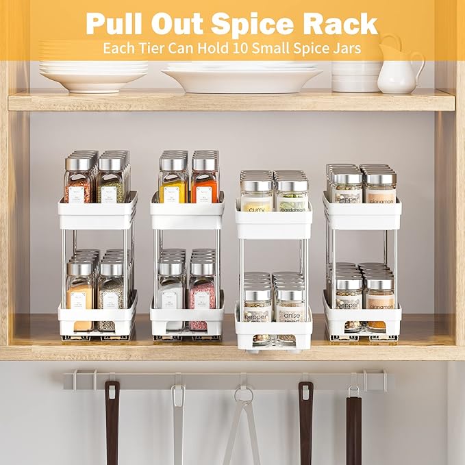 Pull Out Spice Rack Organizer for Cabinet, 2 Pack Slide Out Spice Racks Organizer, Spice Cabinet Organizers, Cabinet Size Need:12'' Highx11'' Deepx5'' Wide,Hold 10 Spice Jar Each Tier-2Tier, White