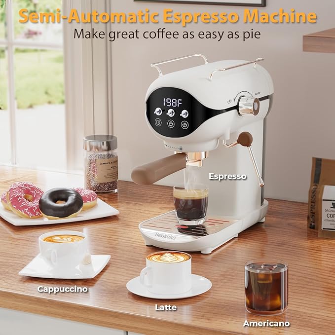 Espresso Machine with Steam Milk Frother Semi Automatic 20 Bar Compact White with Toggle Switch for home Cafetera Espresso, Latte, Cappuccino, Americano, Macchiato