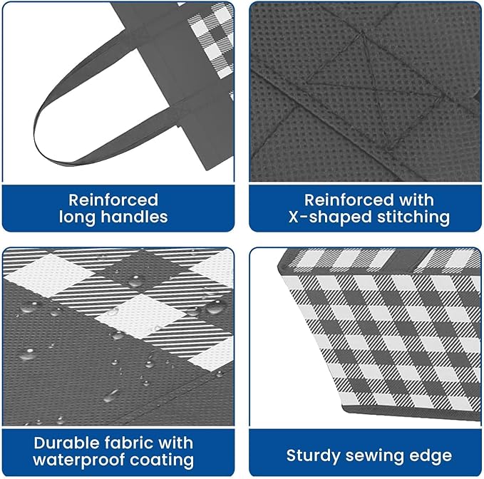 WISELIFE Reusable Grocery Shopping Bags 10 Pack Large Foldable Tote Bags Bulk, Long Handle for Shopping Groceries Clothes (Plaid A)